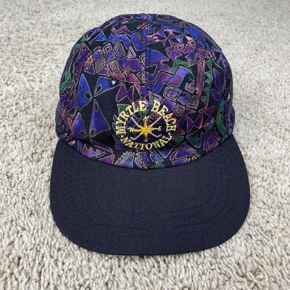 Vtg Derby Cap Myrtle Beach National Golf Hat Purple‎ Geometric Print Made In USA